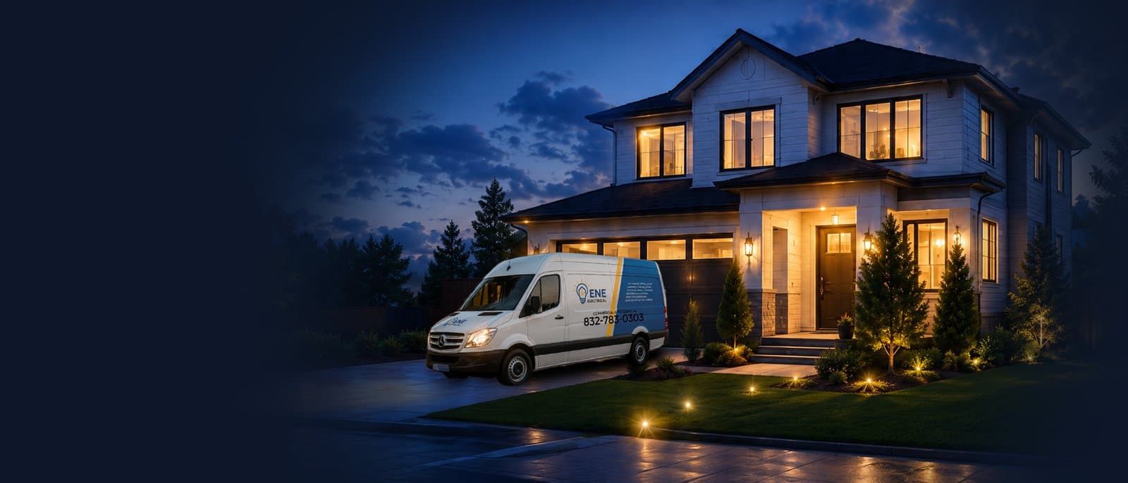 ENE Electrical service van parked outside a Houston-area home at dusk