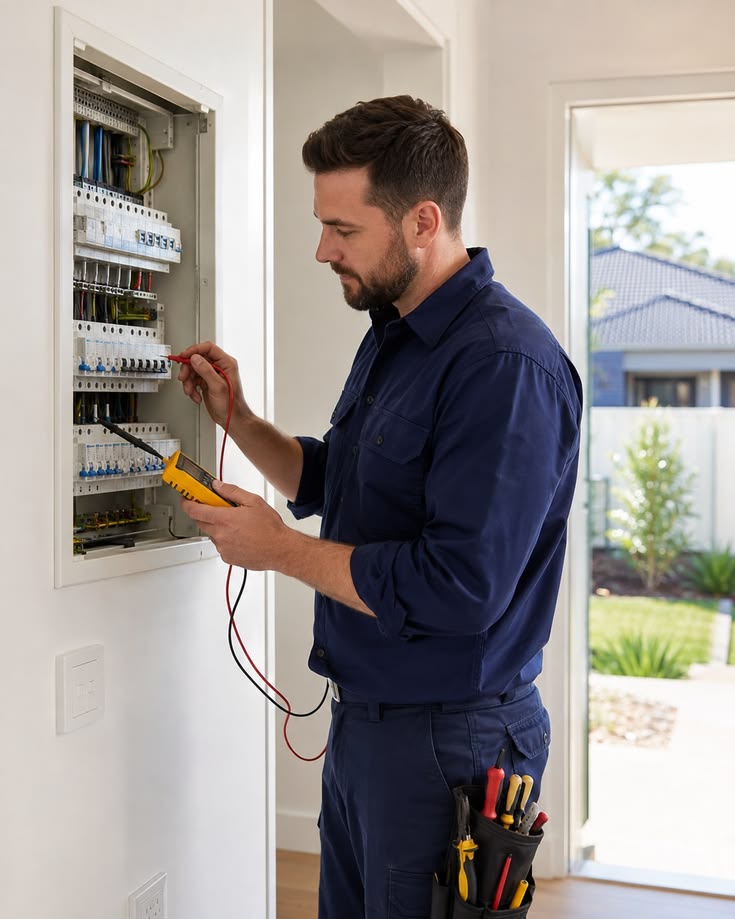 Licensed electrician inspecting a residential electrical panel in a Richmond TX home